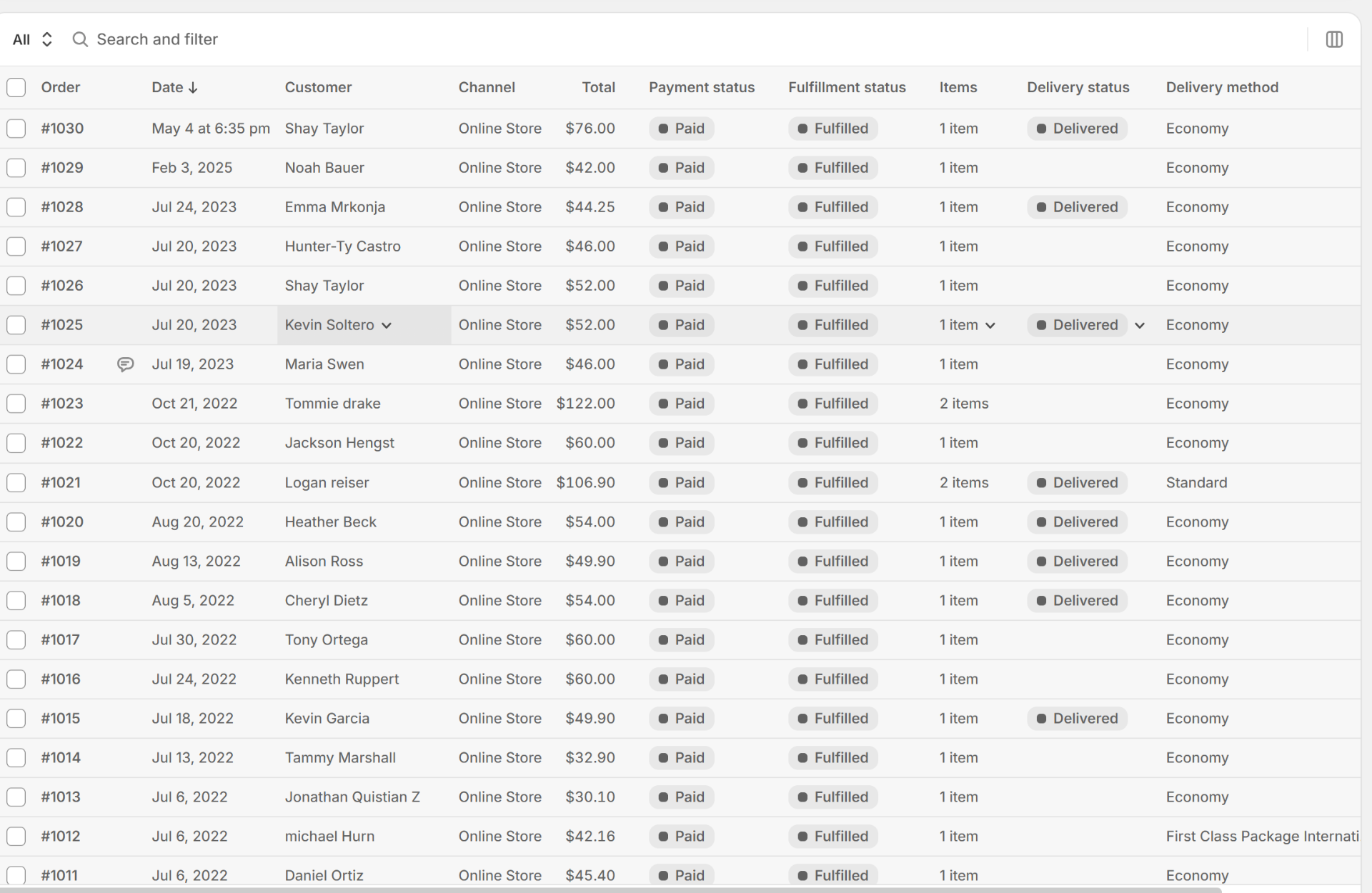 Order list showing fulfilled and paid orders