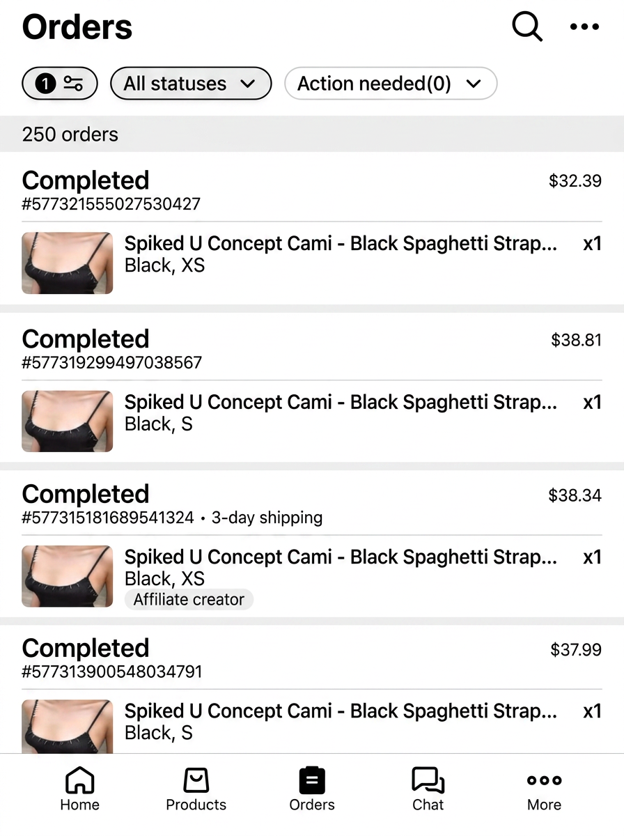 Order list with 250 completed orders