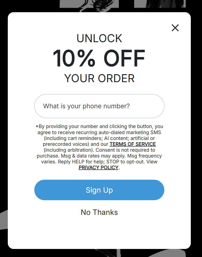 10% off signup popup